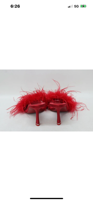 ALEXANDER WANG Ladies Lulu 85 Red Satin Feather Heels Sandal