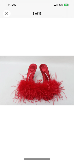 ALEXANDER WANG Ladies Lulu 85 Red Satin Feather Heels Sandal
